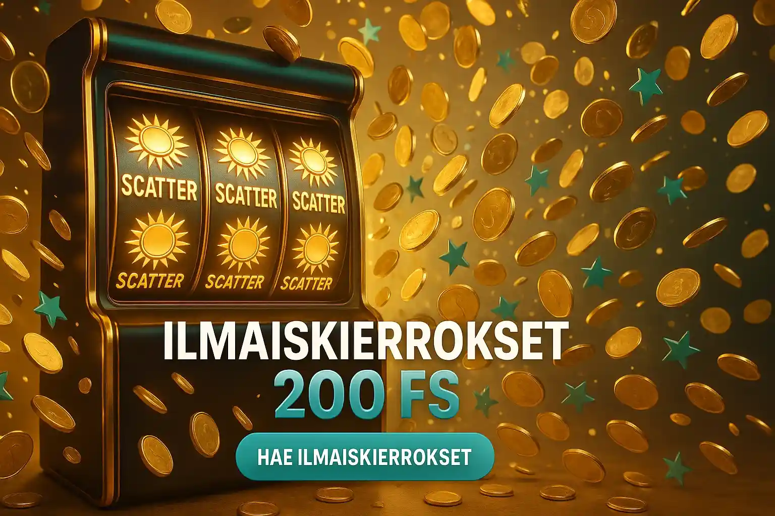 Leveä suomalainen kasinobonusbanneri, 3D-kolikkopeli, 200 ilmaiskierrosta ja kolikkosade