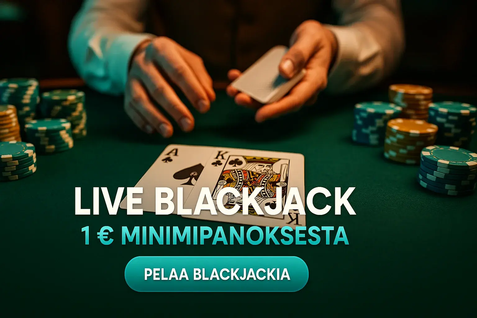Fotorealistinen live blackjack -pöytä, ässä ja kuningas, pelimerkit ja CTA