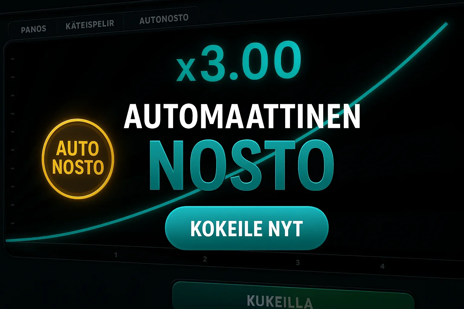 Fotorealistinen suomalainen kasinobanneri, Aviator-kerroingraafi ja automaattinen nosto x3.00