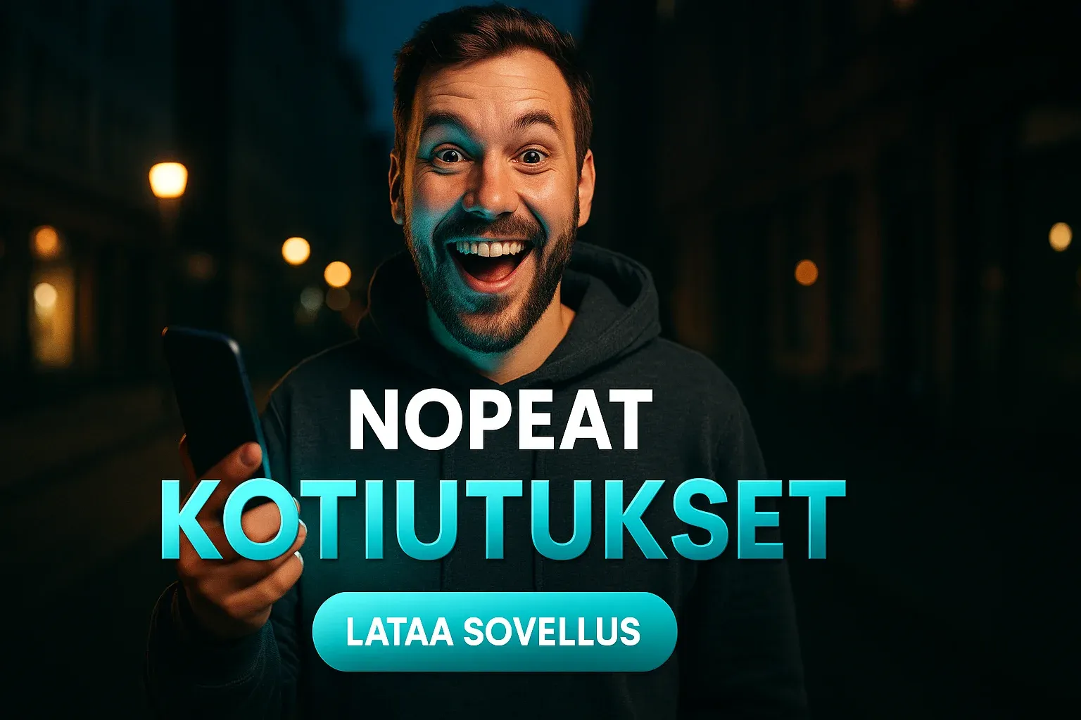 Suomalainen mies hupparissa, puhelin hehkuu, kasino sovellus banneri