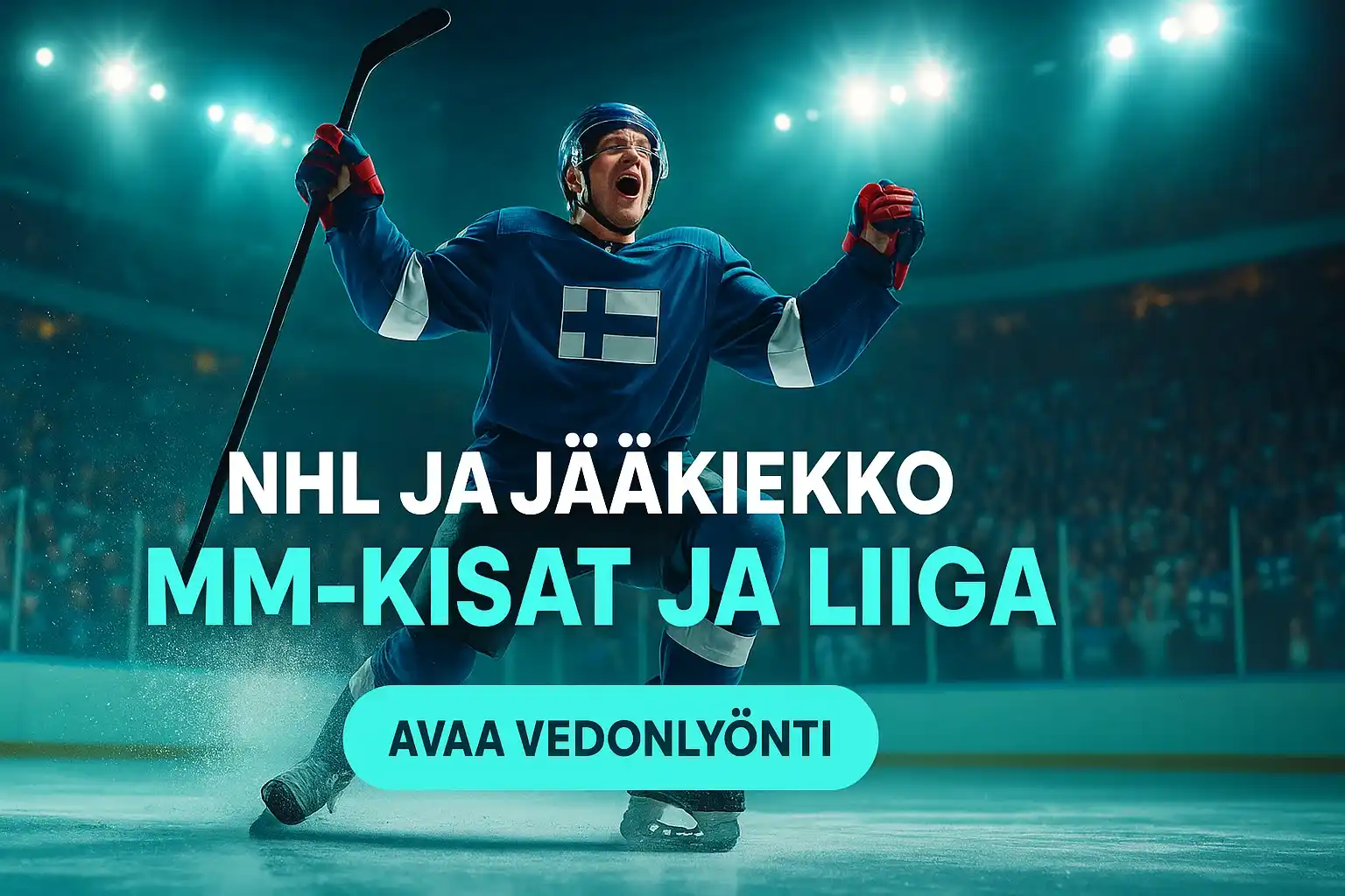 Fotorealistinen suomalainen jääkiekkoilija juhlii maalia vedonlyöntibannerissa areenalla